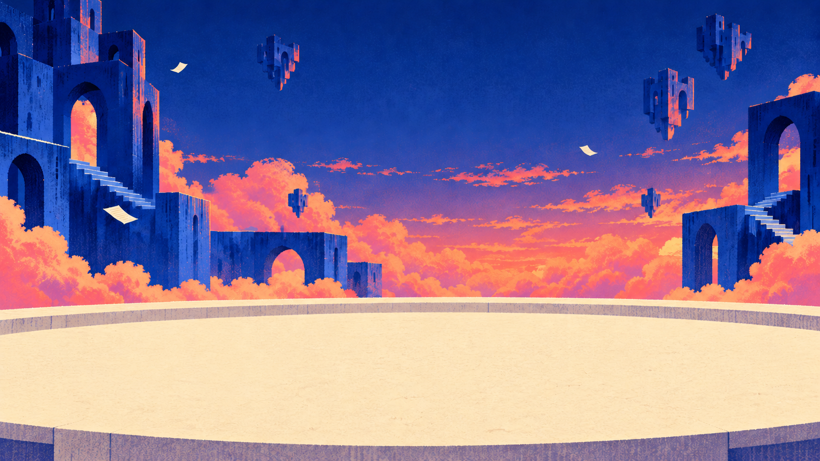 Arstream's illustrated world of blue floating architecture and coral clouds